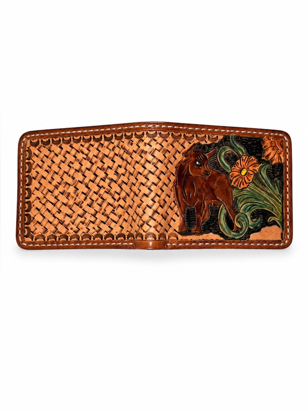 Hand-Tooled Leather Bifold Wallet Basketweave Design Brown floral bull boho